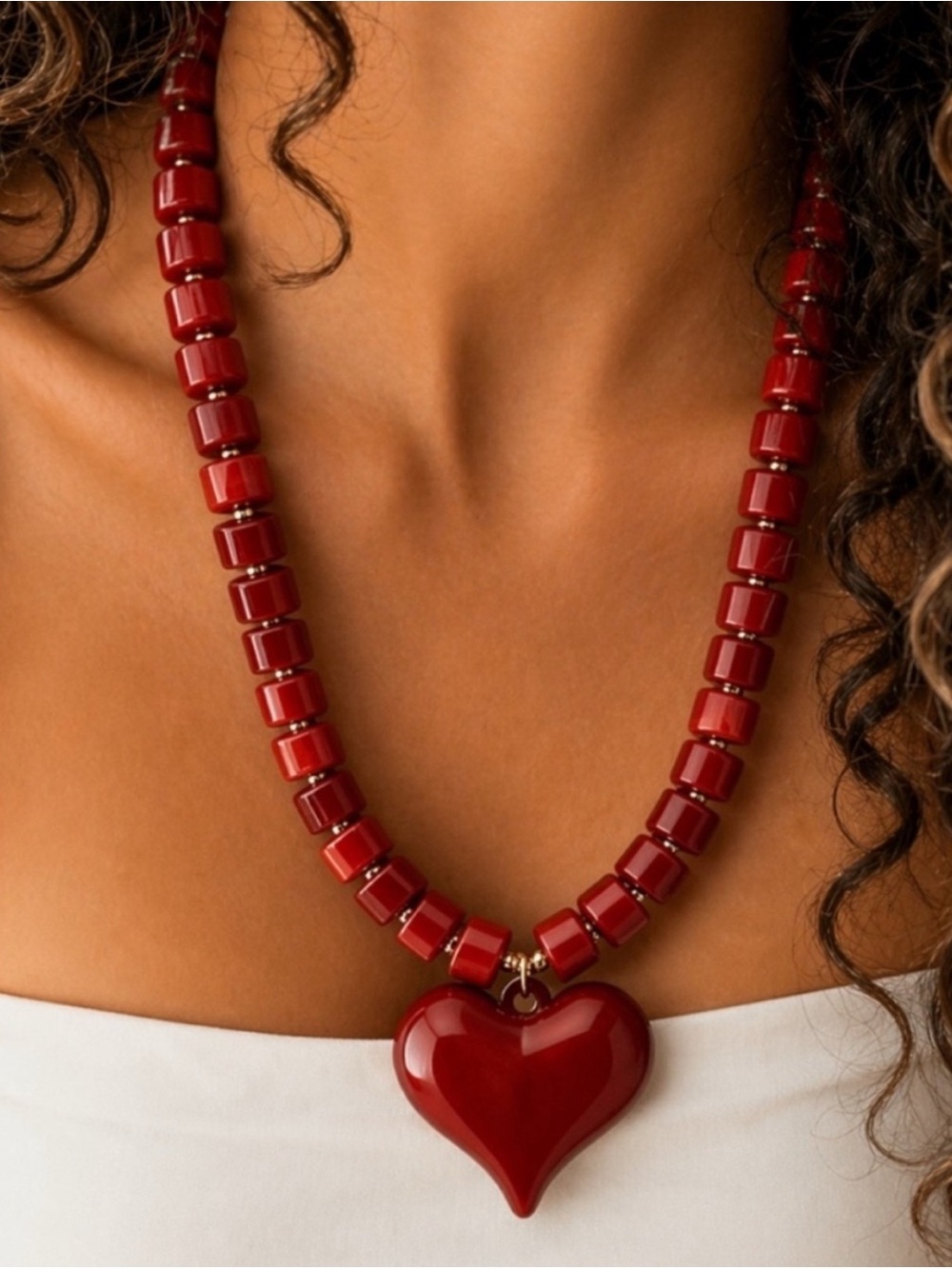 New! Red Heart Bead Necklace - Elegant Statement